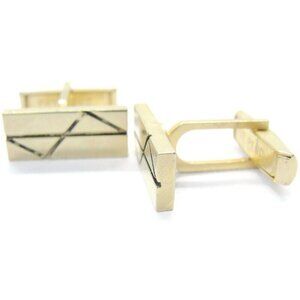 Vintage Rectangle Black Etched Design Cufflinks Gold Tone Signed Pat Pend Tux